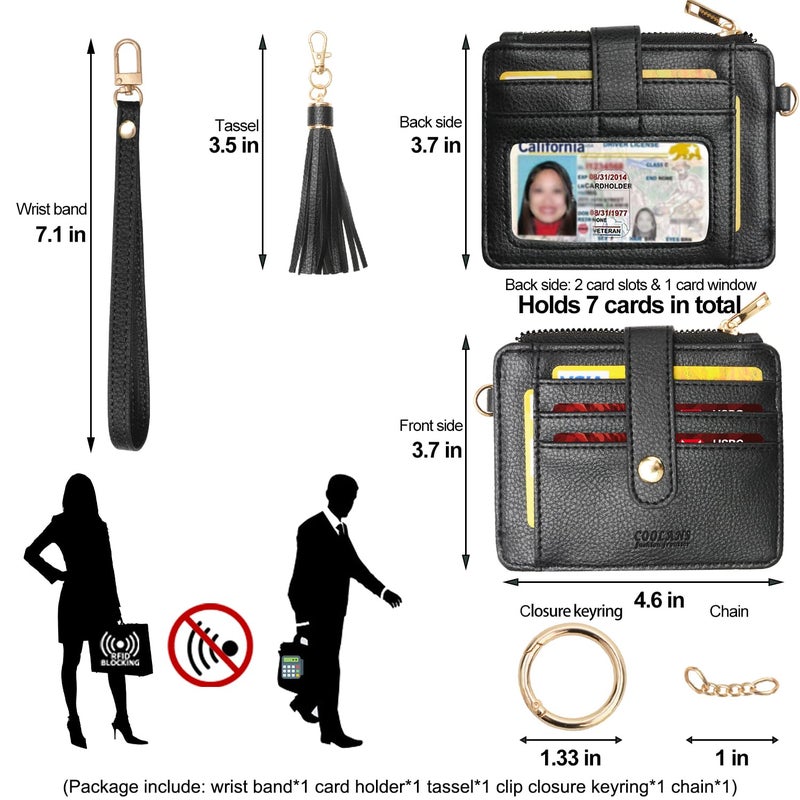 COOLANS Wristlet Bracelet Keychain Card Holder Card Pocket PU Leather Purse Tassel Keychain Bangle Key Ring for Women Girls (Card & Id Holder Purse 09 Litchi Pattern Black) - Image 2